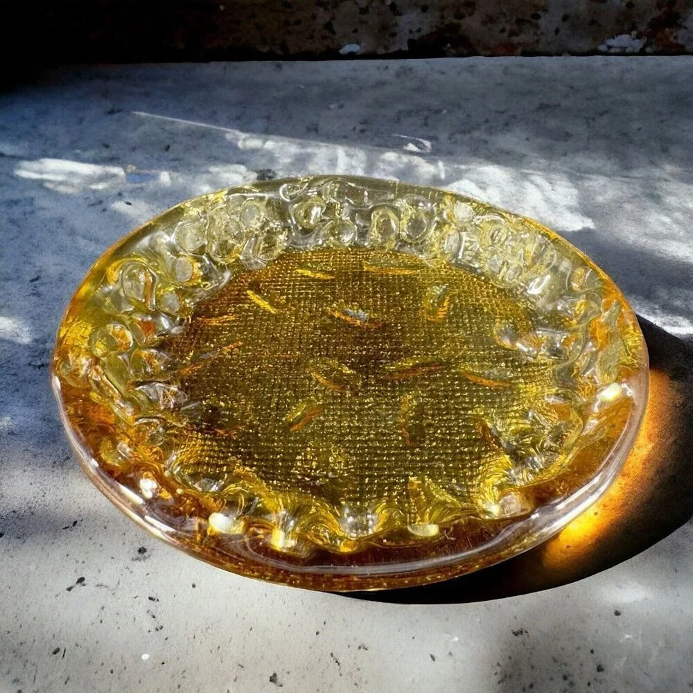 Round Art Glass Dish Plate‎ Thick Glass Textured Center Trinket Glass Decor